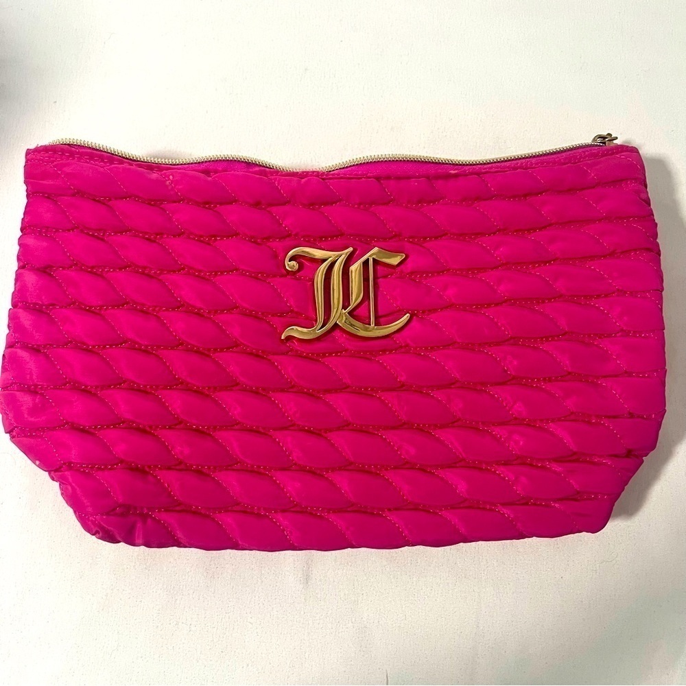 Juicy Couture Fusia/Pink Travel Toiletry Cosmetic Bag, Spacious Gold Emblem